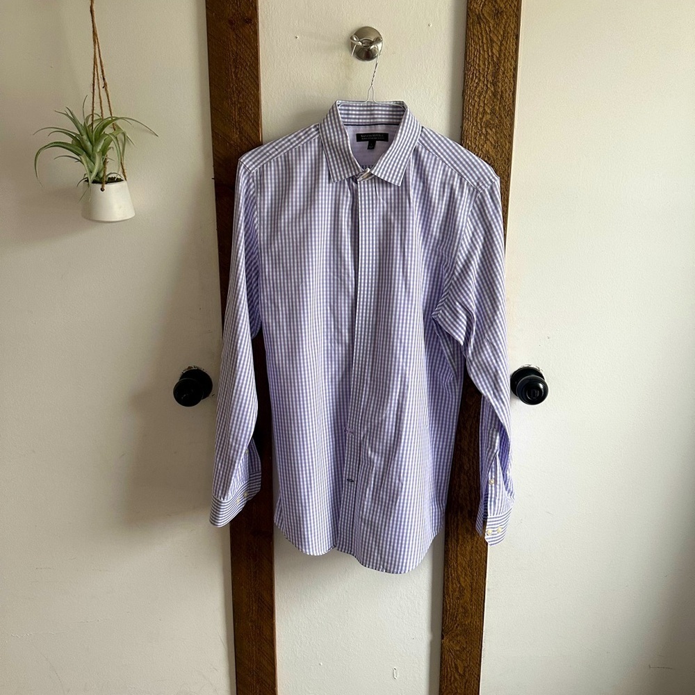 Banana Republic Men Large Non-Iron Slim Fit Long Sleeve Purple Blue Check Shirt